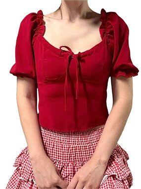 Amy | Red Puff Sleeve Tie Neckline Retro Peasant Blouse